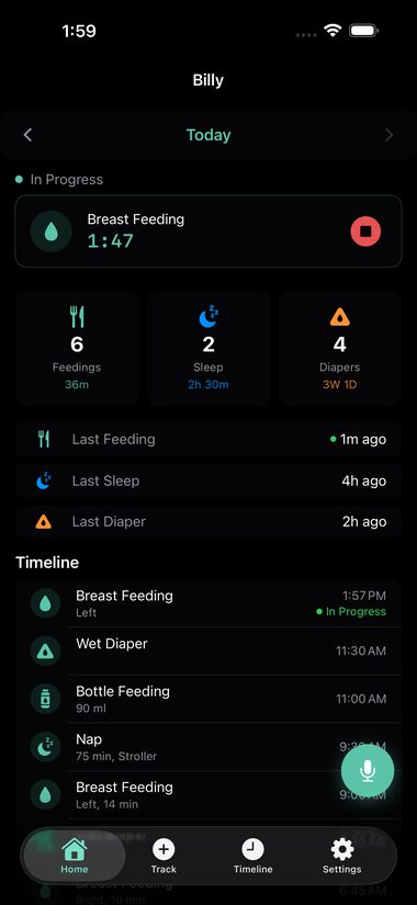 EasyBaby dashboard with active feeding timer