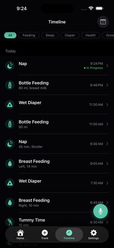 EasyBaby timeline showing today's events